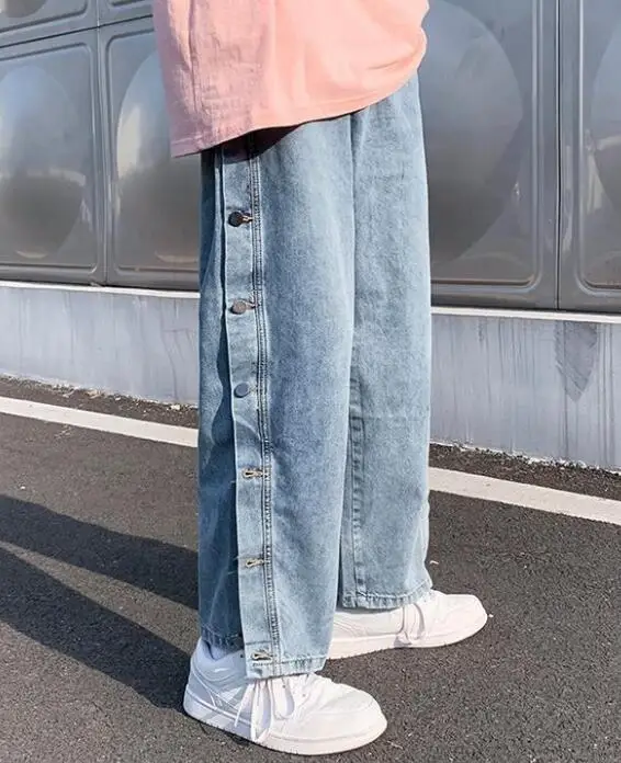 Men's Jeans Leg Button Slit Jeans Men's Loose Straight High Street  Jeans Retro Daddy Pants