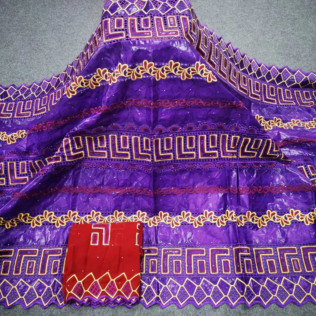 Purple Bazin Brode African Lace Fabric Wedding Nigerian Riche High Quality 5+2Yards Swiss KYC22108
