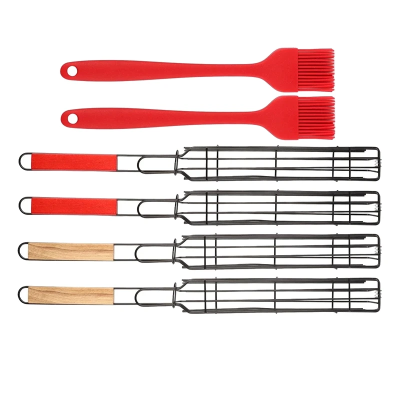 

4 Pcs Kabob Grilling Basket,Reusable Durable Wooden Handle Barbecue Tool Grill Basket Grill Net with 2Pcs Silicone Brush