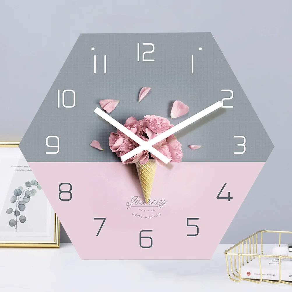 

1pc Hexagonal Wall Clock Rope Hanging Clock Flower Printing Clock Time Display Device for School Home Hotel