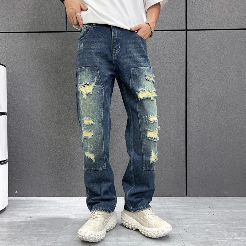 Мужские прямые джинсовые брюки с дырками в стиле ретро