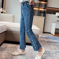 spring teenage girls denim pants 10 11 12 13 14 16years kids pearl slit jeans solid bootcut straight trousers childrens clothes
