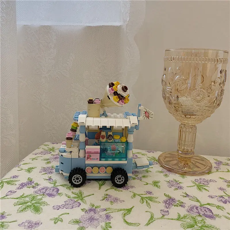 

City Street Architecture Building Blocks Snack Retail Shop Fruit Stall Pizza Ice Cream Car Truck Toys for Children Bricks Friend