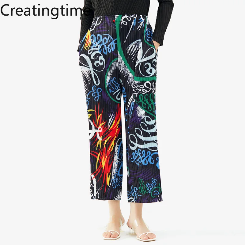 

2022 весенние новые модные женские корейские свободные повседневные широкие брюки с высокой талией и буквенным принтом, плиссированные, GA458