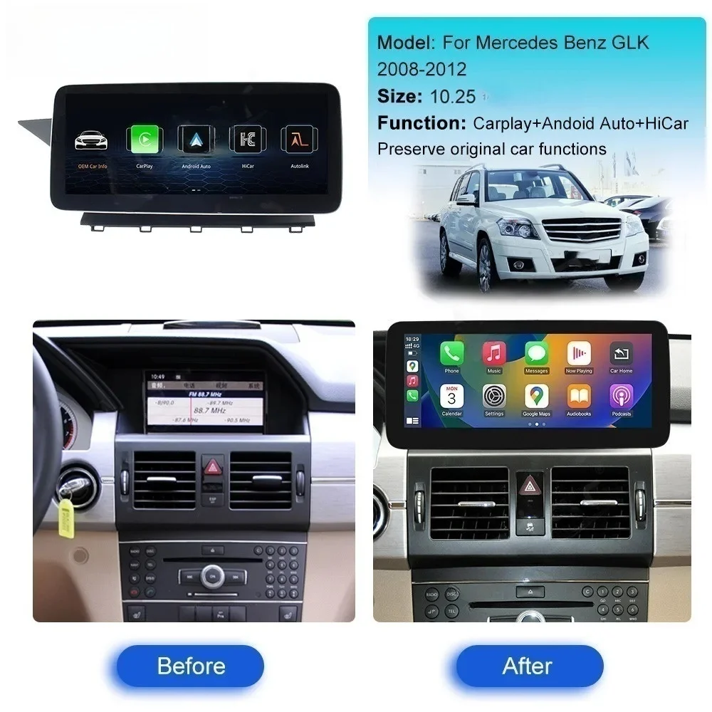 Для Mercedes-Benz GLK 2008-2012 10 25 дюймов Android 13 Carplay Автомобильный мультимедийный радиоплеер