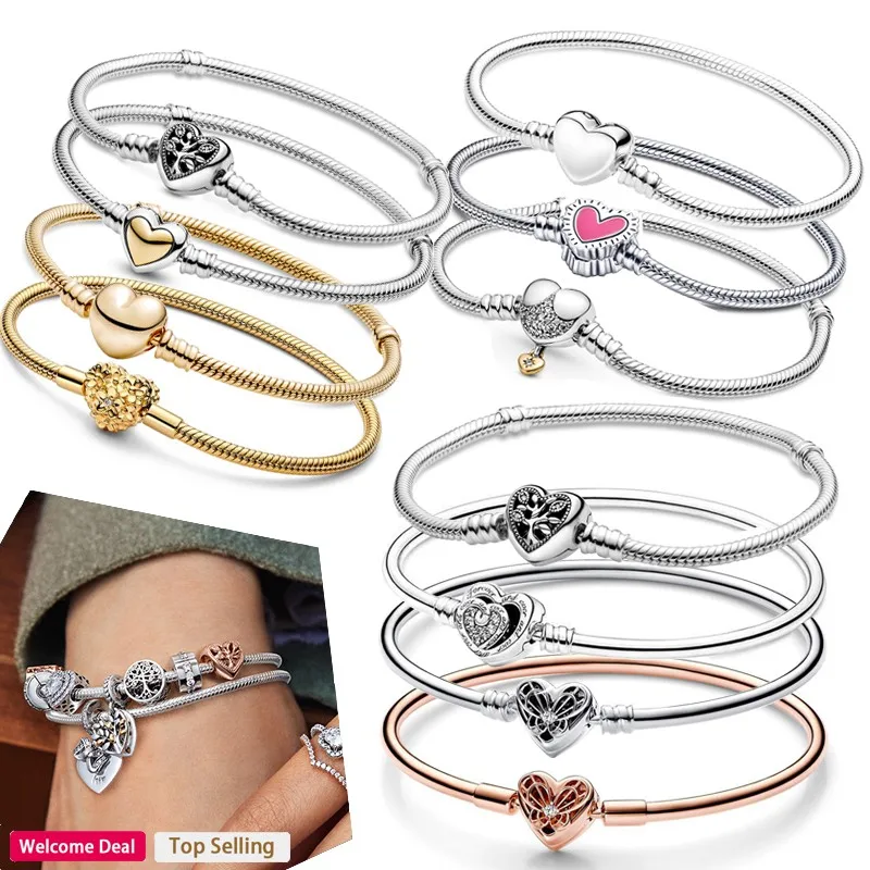 

Women's Hot 925 Sterling Silver For Original Pandora Charm Gold Love Heart Daisy Snake Bone Bracelet DIY Light Luxury Jewelry