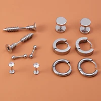 6 pairs stud earring hoop stainless steel silver color labret ear piercing cartilage screw tragus helix punk men women jewelry