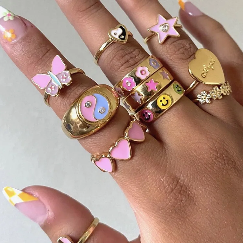 

YW GAIRU Geometric Ring Color Drip Oil Gossip Checkerboard Ring Net Celebrity Personality Trend Jewelry Female