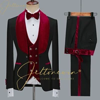 jeltonewin black floral mens suits for wedding 3 pieces burgundy lapel groom tuxedos slim fit male prom blazer terno masculino
