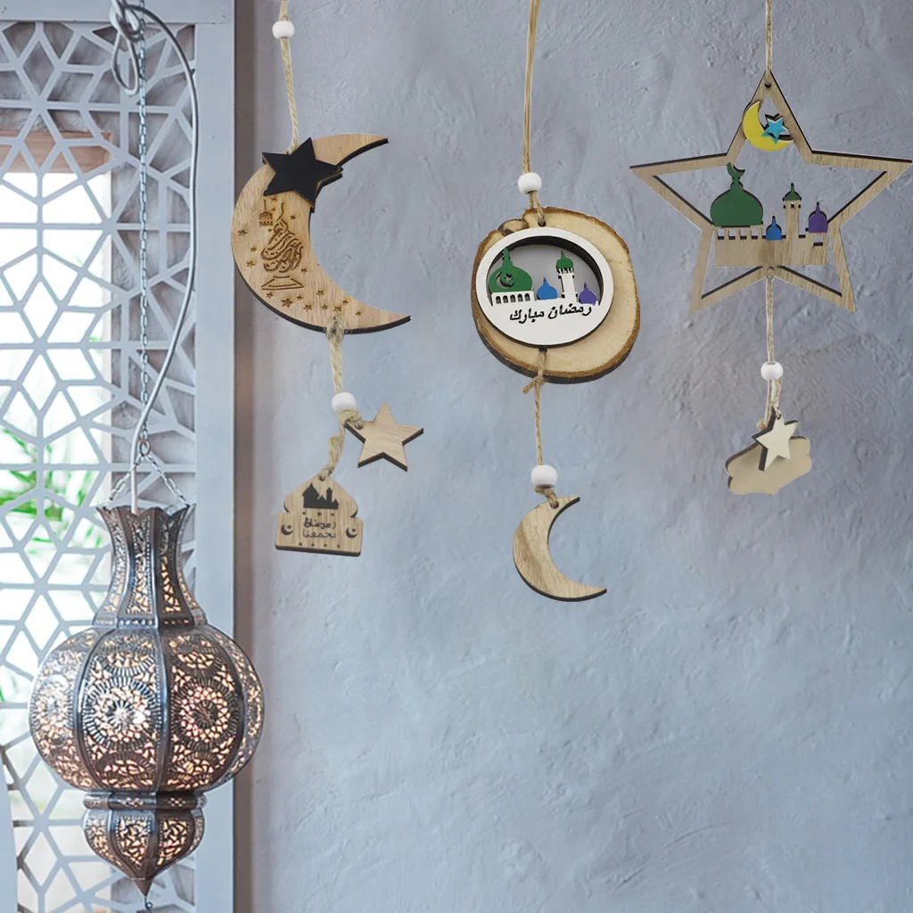 

Wooden Eid Mubarak Pendants Ramadan Ornament DIY Islamic Muslim Festival Party Decoration for Home Moon Eid Al-Fitr Decor