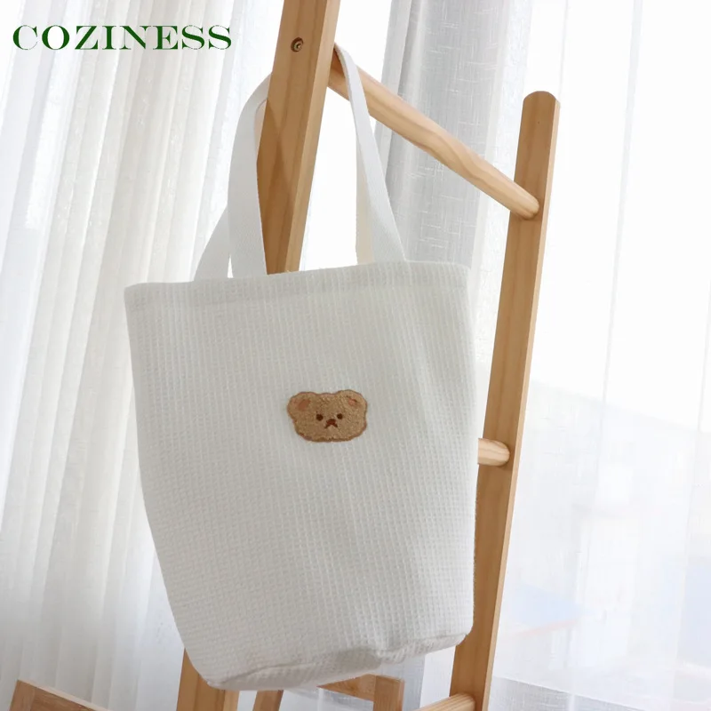 

Baby Diaper Bag Waffle Embroidery Bear Cotton Toddler Bottle Mommy Bag Little Kids Go Out Handbag Newborn Small Toy Storage Sack