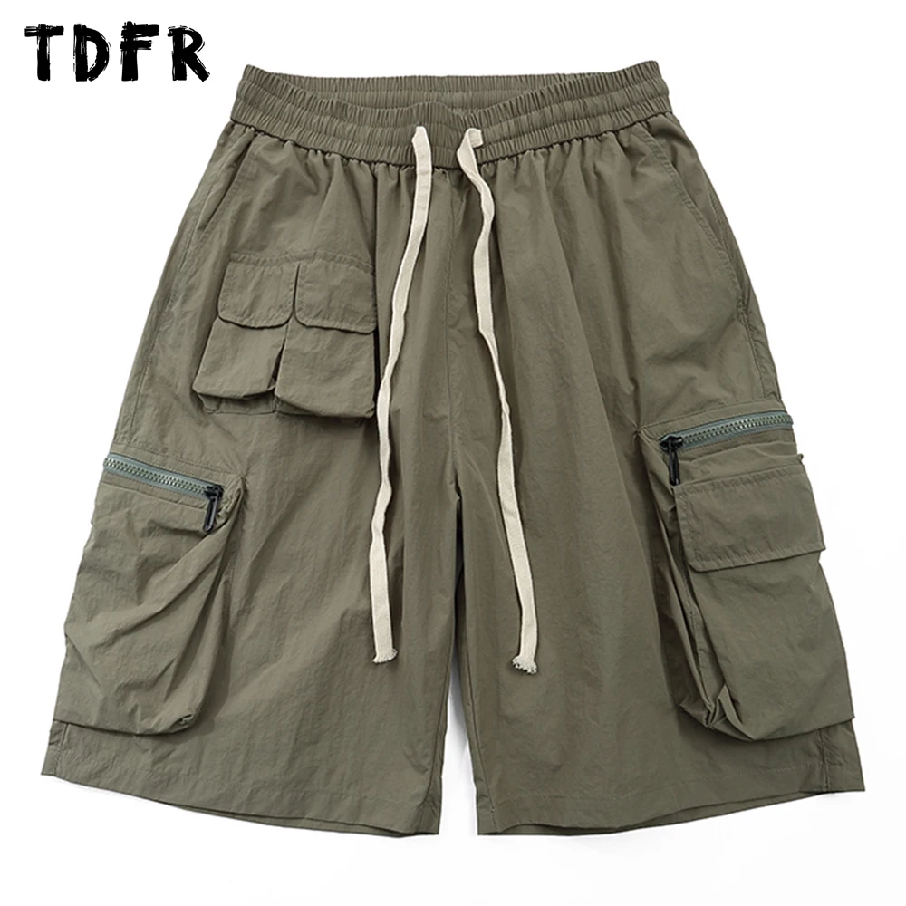 

Multi-Pocket Cargo Shorts Mens Safari Style Solid Color Half Pants Elastic Waist Casual Knee-length Shorts Men
