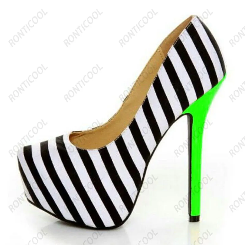 Ronticool New Fashion Women Platform Pumps Sexy Stripped Stiletto Heels Round Toe Elegant Black Party Shoes US Plus Size 5-20