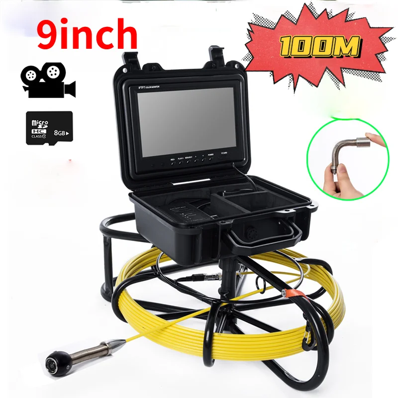 

Видеокамера WP9600B для обследования труб, видеокамера 9 дюймов, DVR, 8 ГБ, промышленный эндоскоп для канализационных труб 17 мм, желтое стекловоло...