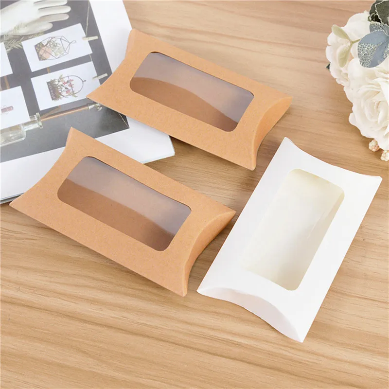 

50pcs Pillow Shape Cookie Candy Box With Window Wedding Christmas Kraft Paper Gift Packaging Boxes Birthday Party Supplies