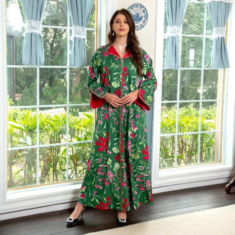 Modest Muslim Moroccan Jalabiya Dubai Caftan Dress for Women Eid-al-Adha 2023 Twist Rhinestone Rape Trim Print Arab Abaya Green