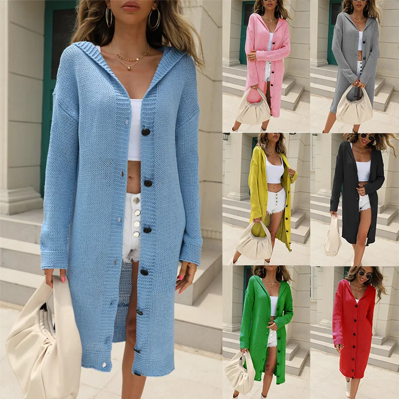 

Sweater cardigan 2022 autumn and winter new solid color hooded lengthened knitted cardigan jacket women