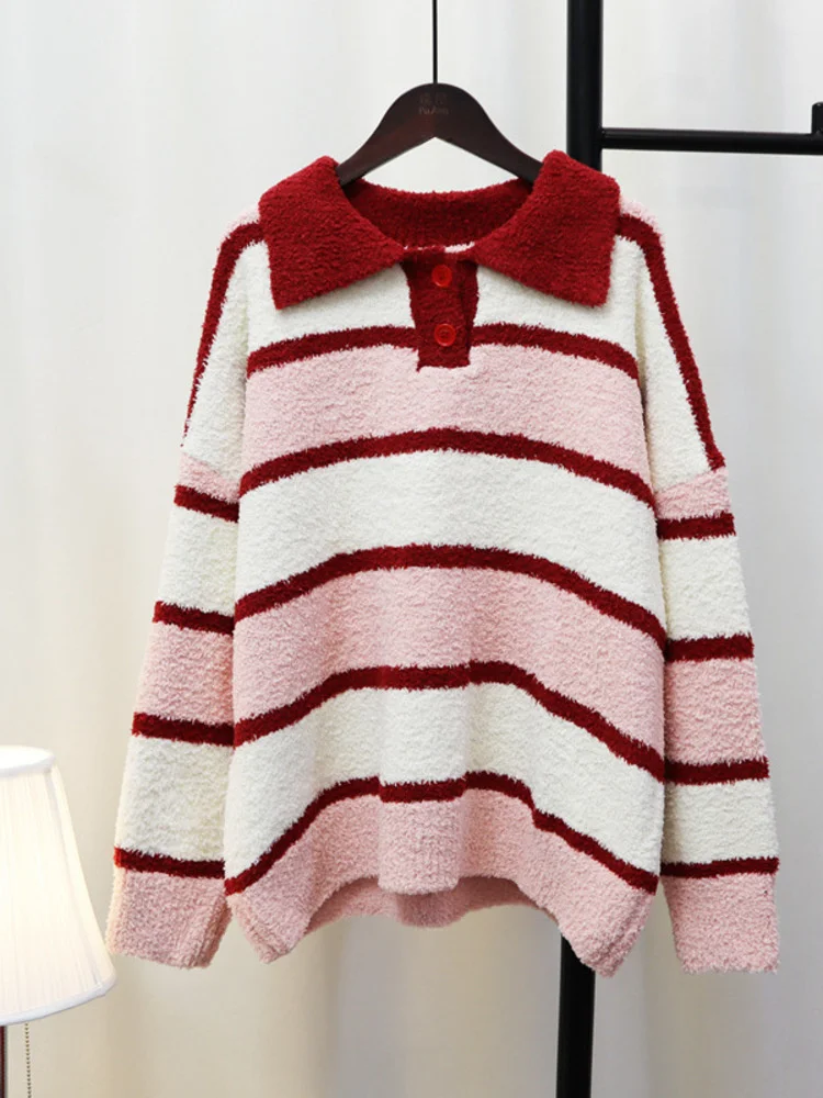 

Color Contrast Wide Stripe Sweater Pullover Women 2022 Autumn Winter New Korean Loose Polo Collar Long Sleeve Knit Jumper M006