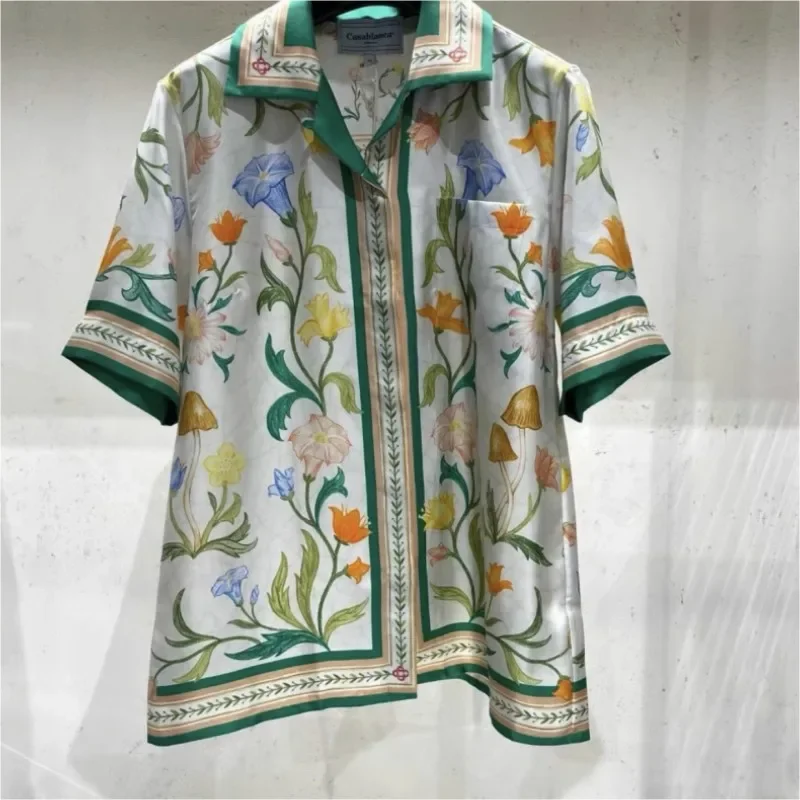 

New Dropshipping Casablanca Shirts Flower Printed Short Sleeve Cardigan Loose Hawaiian Shirt for Men Women