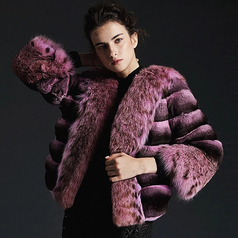 Natural Pink Rex Rabbit Fur Coat Women Luxury Warm Thicken Outertwear 2022 New Fox Fur Sleeve and Collar Real Fur Jacket Female