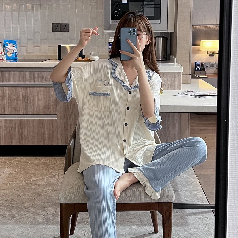 spring  autumn new style pajamas women's summer lapel cardigan short sleeved trousers sweet loose home clothes