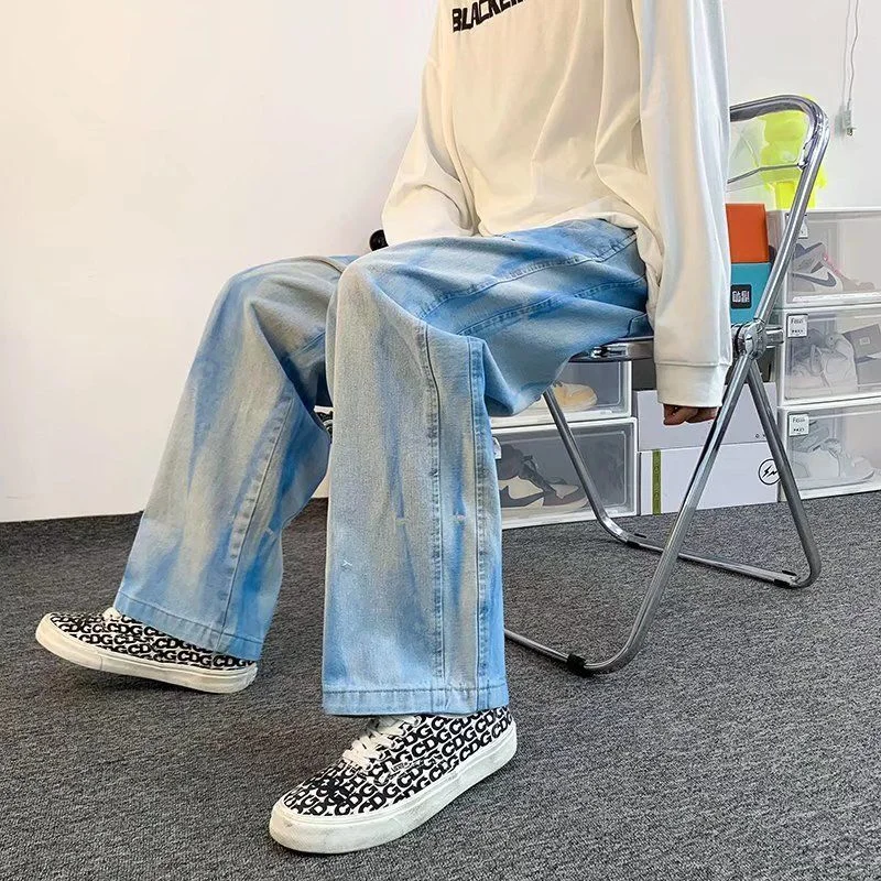 DEEPTOWN Y2K Straight Jeans Men Loose Fashion Denim Pants Casual Blue Harajuku Trousers Male Wide Leg Streetwear Hip Hop Spring