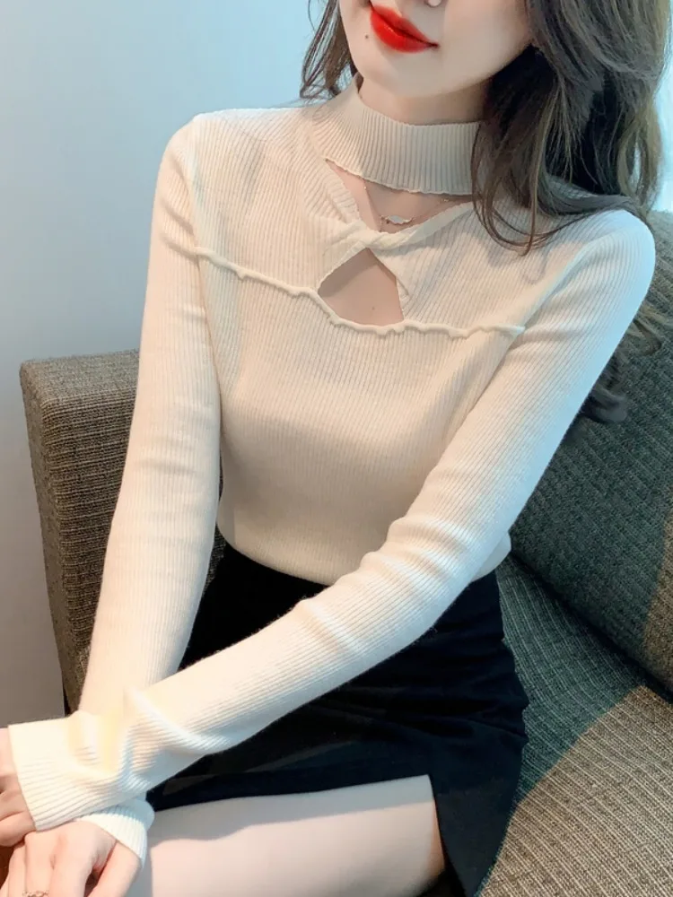 Корейская серия вязаная женская зимняя облегающая рубашка с воротником до