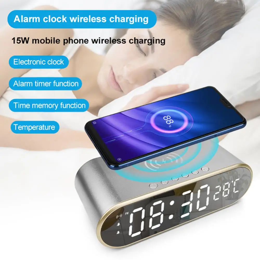

LED Digital Alarm Clock Display Time Night LCD Light Table Desktop Mirror Clock With Time Memory 15W Fast Charging