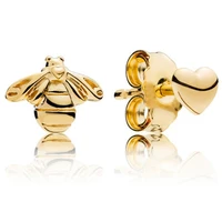 original sparkling golden bee and heart stud earrings for women 925 sterling silver wedding gift pandora jewelry
