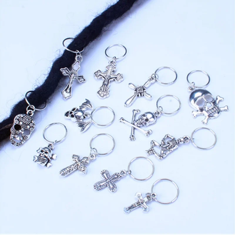 5Pcs Dreadlocks Beads for Hair Braids Halloween Hair Rings Alloy Cross Pendant African Pigtail Circle Cuffs Skull Clip Braider