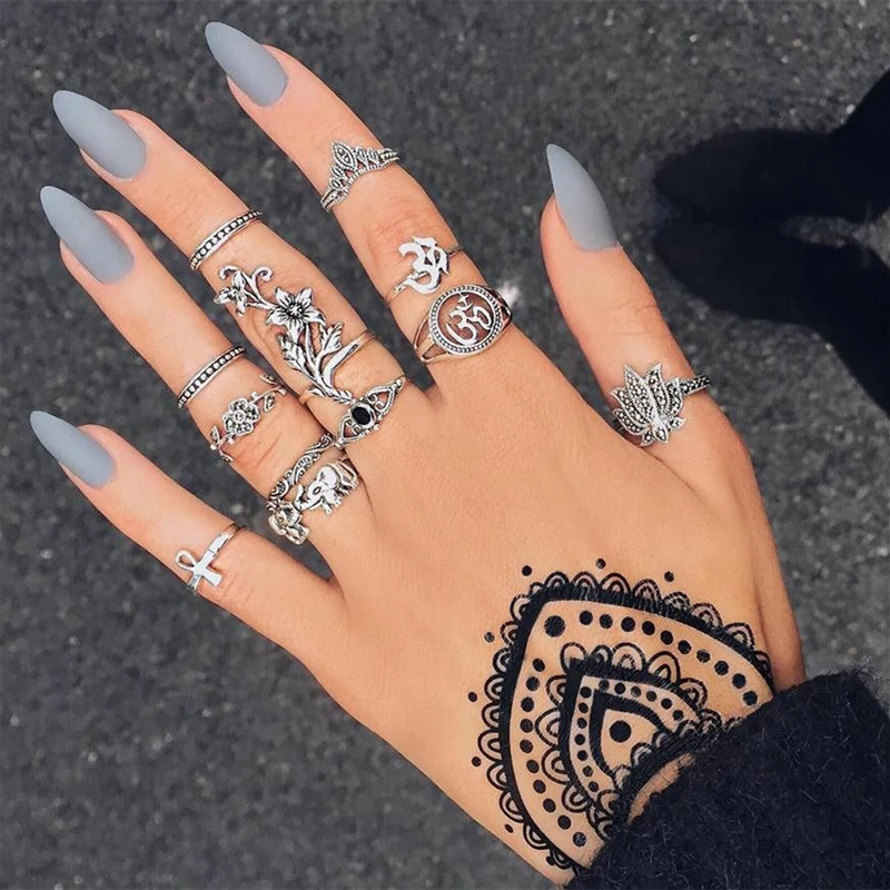 

Personality Ring 12 Pieces Set Rose Flower Elephant Cross Vintage Creativity Joint Rings Jewelry