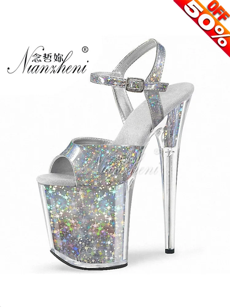 

Patent leather Novelty Crystal Clear Women's Sandals 8 inches Trend paint All match 20CM Cross dressing Party Dress Small Size