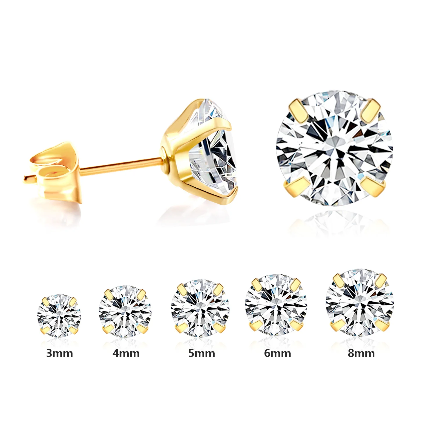 LUXUSTEEL 5Pairs/Set Mix Size CZ Earrings Women Men Gold Color Stainlesss Steel Square Crystal Zircon Screw Stud Earring 3-7mm images - 6
