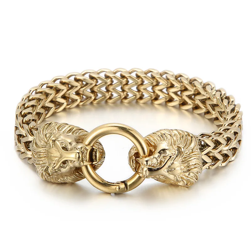

Punk Men Bracelet Lion Head Link Chain Jewelry Hiphop Bracelets Rock Accesorios Gold Color Stainless Steel Fashion Mesh Bangles