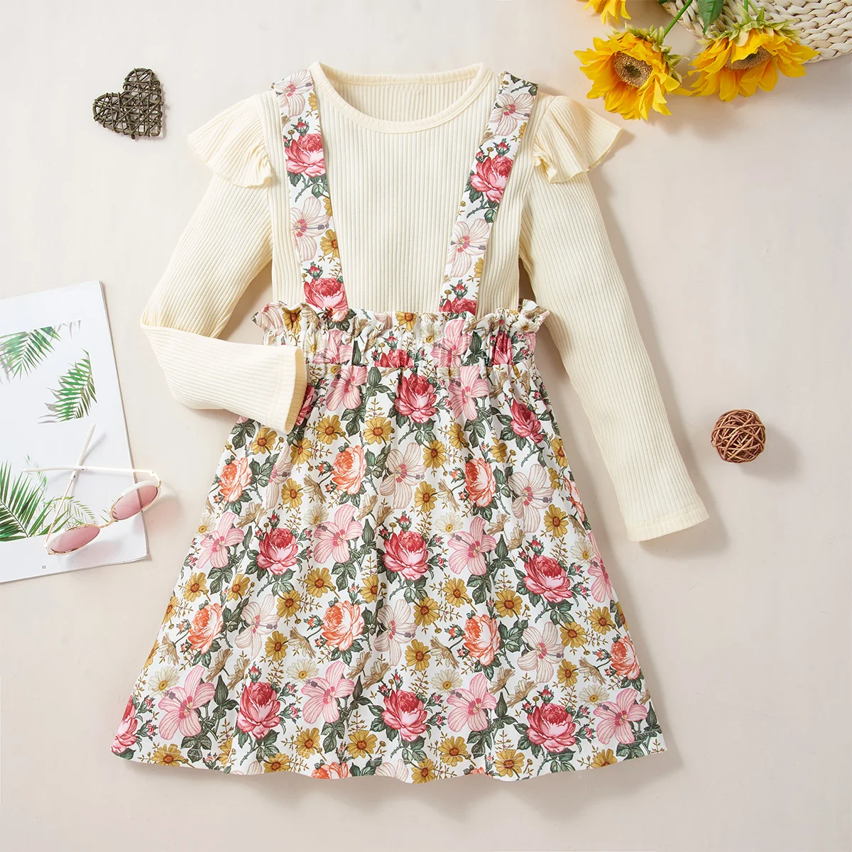 

PatPat 2-piece Kid Girl Solid Top Floral Print Suspender Skirt Set