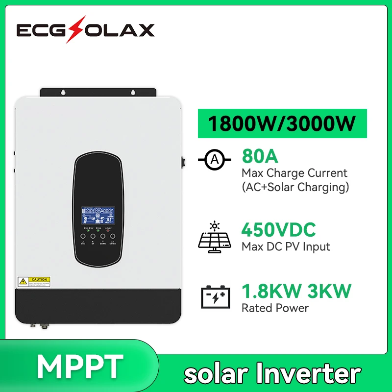 

ECGSOLAX Hybrid Solar Inverter 3KW 1.8KW 12V/24V Inverter Off Grid Built in 80A MPPT Controller Pure Sine Wave Max PV 450VDC