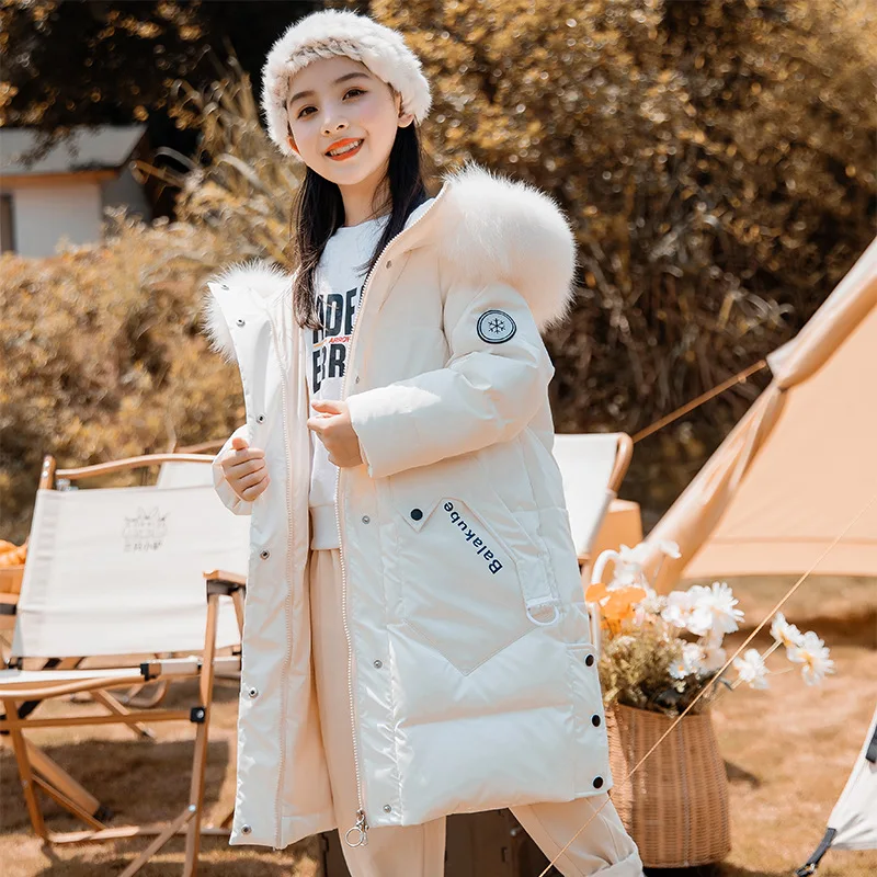 

New fashion winter clothing for children Girls' hooded padded down jacket Pink thermal long coat duck down coat for big kids