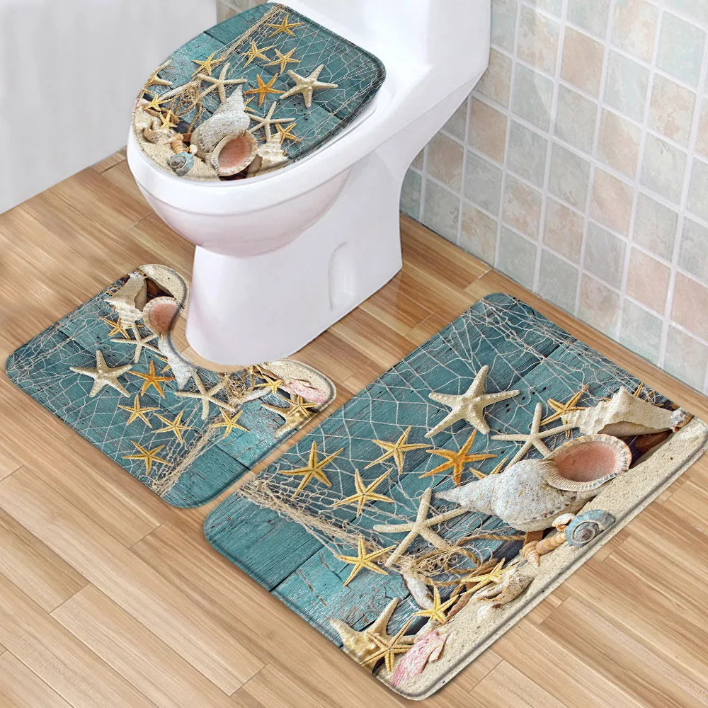 

Starfish Bath Mat Set Summer Shell Conch Ocean Beach Print Girls Boy Gift Low Pile Flannel Bath Rug Toilet Cover U-Shaped Carpet