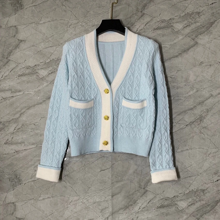 

2022 new women fashion long sleeve sexy casual contrasting color V neck dark pattern twist trim short cardigan 1201