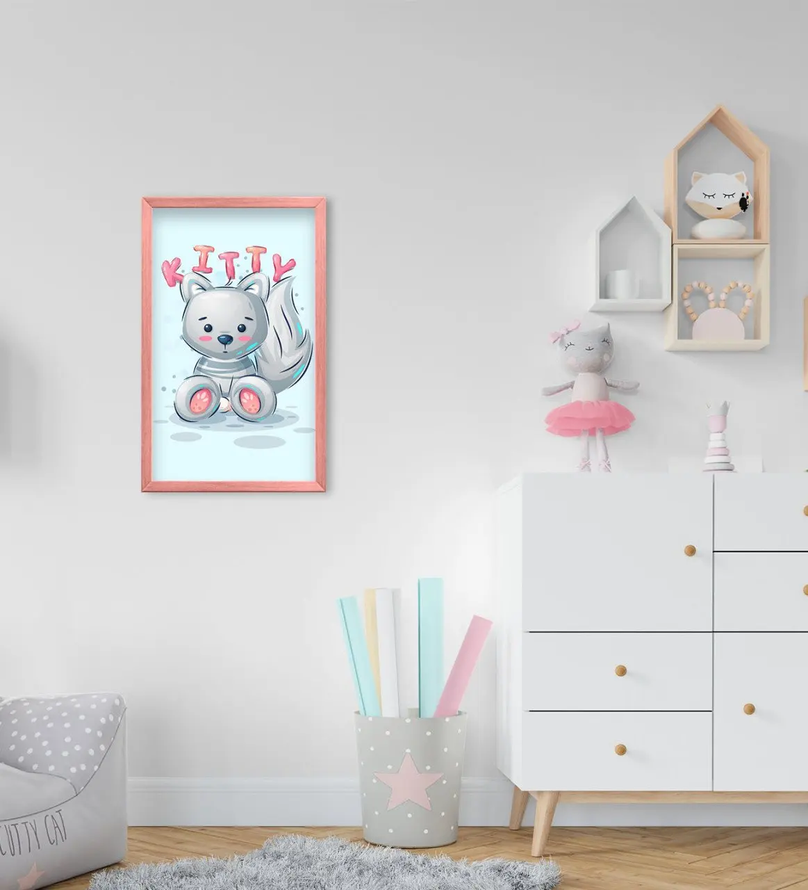 

BK Home Kitty Design Decorative Pink Wood Framed Kids Room Tablo-1