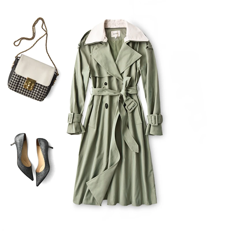 

Женский двубортный тренчкот, зеленый тренчкот в японском стиле с регулируемой талией и отложным воротником, Корейская одежда на весну 2022