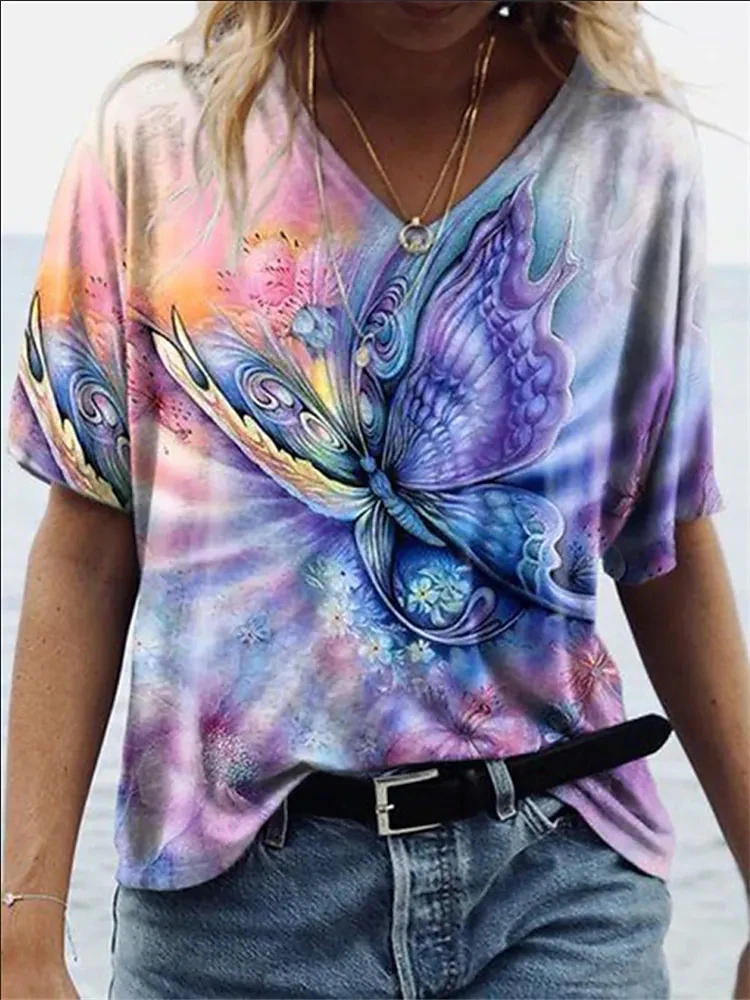 

2022 Summer New Women Casual Fashion T-shirt Butterfly Print Loose V Neck Pullover Short Sleeve Tops Abstract Painting Tee Shirt