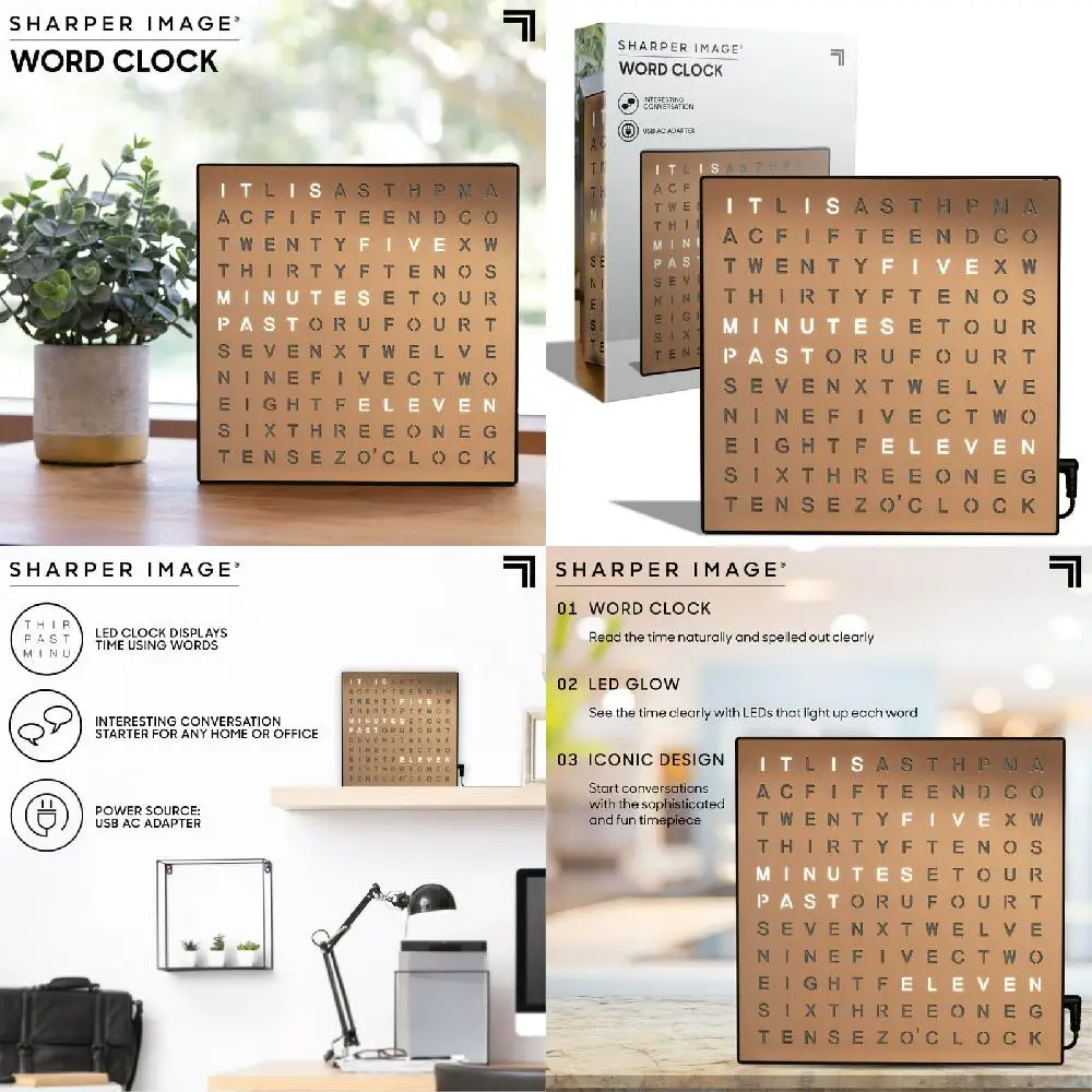 

écor Stunning LED Light-Up Word Clock, 7.75 in. for Easy Setup Home & Office Contemporary Wall or Decor with USB Cord & Power
