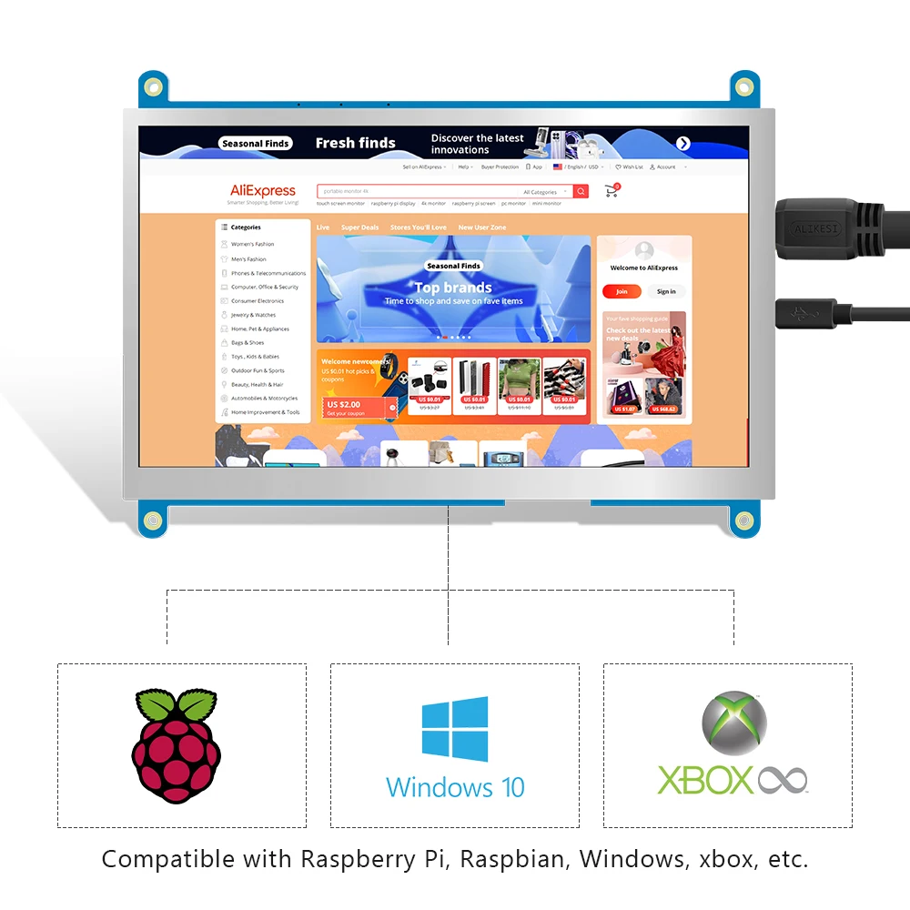 7-дюймовый мини-монитор HDMI ЖК-экран 1024x600 совместимый с Raspberry Pi 400 4 3B + Windows монитор
