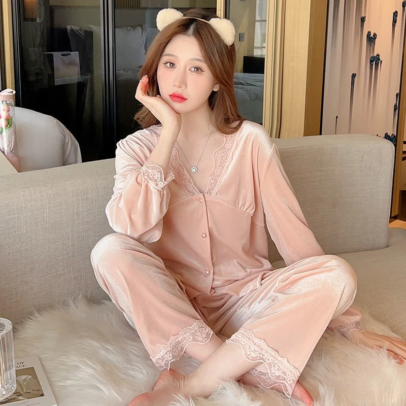 

Velvet Pajamas Set Women Home Clothes Velour Lace Pyjamas Casual 2PCS Pjs Sleep Suit Sleepwear Spring V-Neck Nightwear