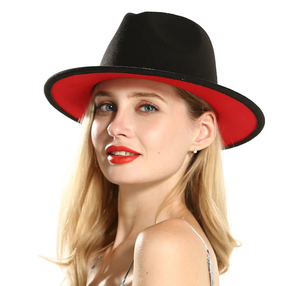 

2023 winter fedora hats for women fashion Flat wide Brim Wool Felt Jazz Hats for men black and red goth top vintage wedding Hat