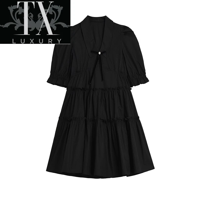 

.Short Sleeve Black Shirt Women Fashion Korean Button High Waist Pleated Summer Casual A Line Lady Dress