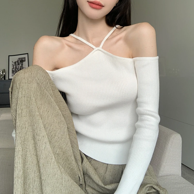 

Женский укороченный топ с открытыми плечами, трикотажная эластичная футболка с длинными рукавами и винтами в корейском ретро-стиле, осень ...