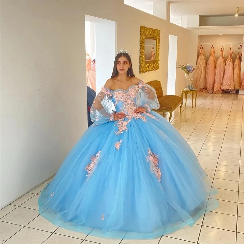Блестящие синие платья ANGELSBRIDEP для Quinceanera кружевные 3D розового цвета с цветочным