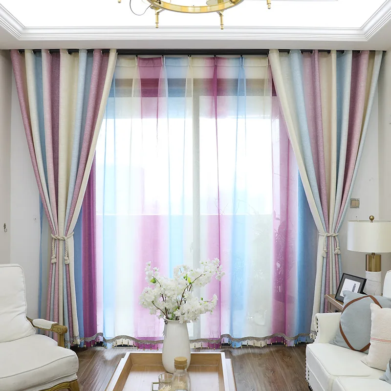 

Полосатые шторы с градиентом, роскошные занавески из хлопка и льна для гостиной, спальни, для окон, освежающие занавески для балкона, для дев...